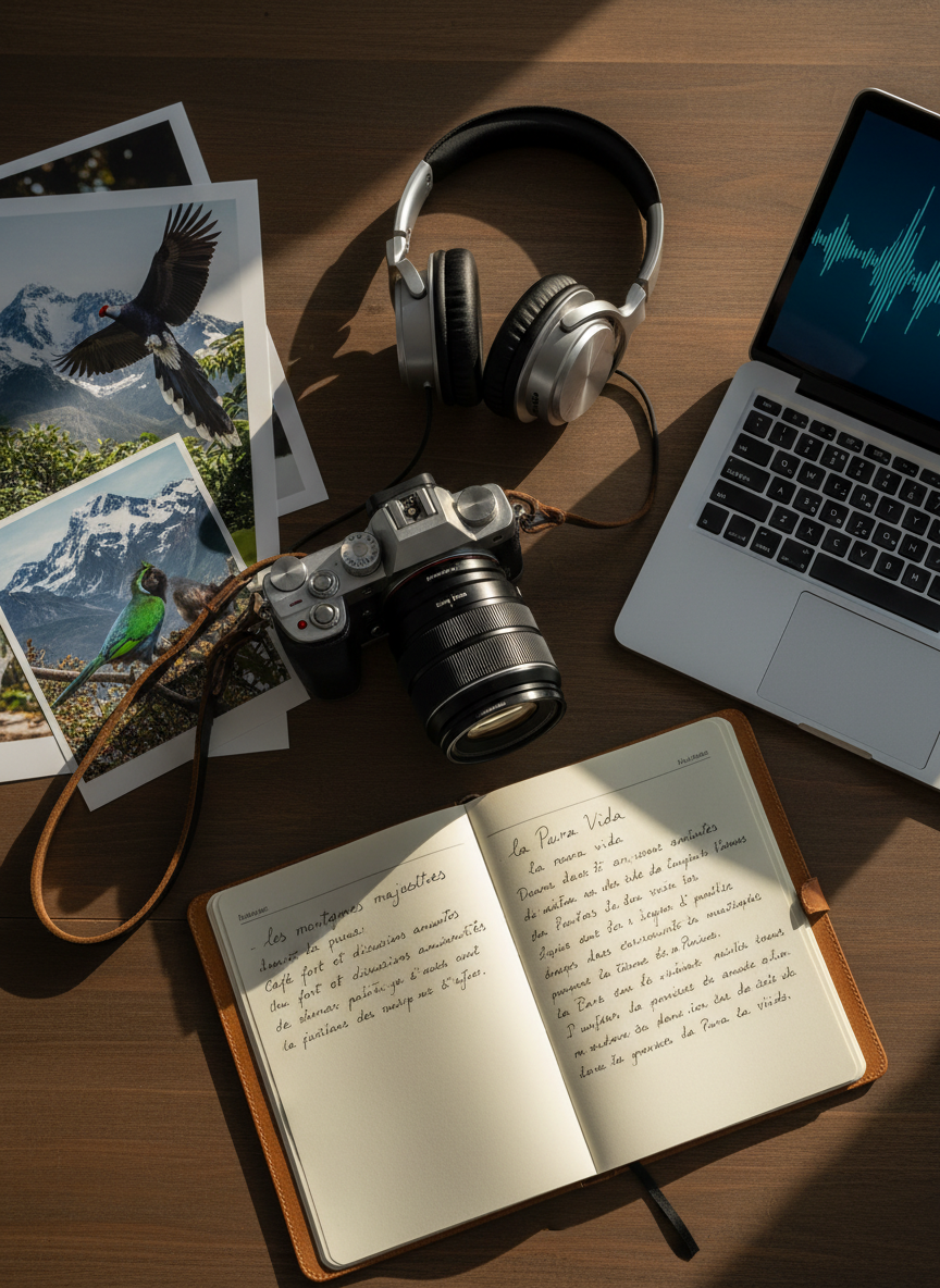 A meticulously composed flat-lay of a travel writer’s wooden desk, featuring a weathered open notebook filled with flowing handwritten French phrases, a high-quality mirrorless camera with a telephoto lens, and a pair of sleek studio headphones resting beside a minimalist laptop displaying audio waveforms. On one side, a stack of fine-art photo prints shows Costa Rican wildlife and Andean peaks. Soft late-afternoon window light falls diagonally across the scene, creating gentle shadows and subtle highlights on the textured paper and brushed metal surfaces. Shot from a bird’s eye view with sharp focus throughout, the mood is sophisticated, contemplative, and creative, evoking a life where photography, chill music, and nomadic writing meet in elegant photographic realism.