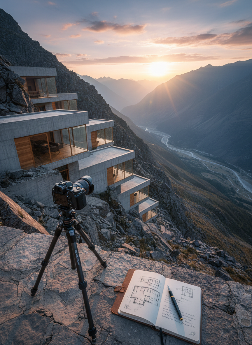A dramatic Andean mountain pass at golden hour, with angular modernist architecture seamlessly integrated into the rocky slope: clean concrete volumes, expansive glass panels, and warm wooden accents facing a vast valley. In the foreground, a sturdy tripod with a professional camera is carefully positioned near the edge of a stone terrace, next to a slim notebook partly open to sketched floor plans and poetic notes. The low sun grazes the ridges, casting long blue shadows and igniting the clouds in subtle pastel hues. Photographed from a slightly elevated angle with wide-angle depth and crisp clarity, the atmosphere feels sophisticated, expansive, and contemplative, blending architectural photography, landscape artistry, and a life of creative Andean travel.