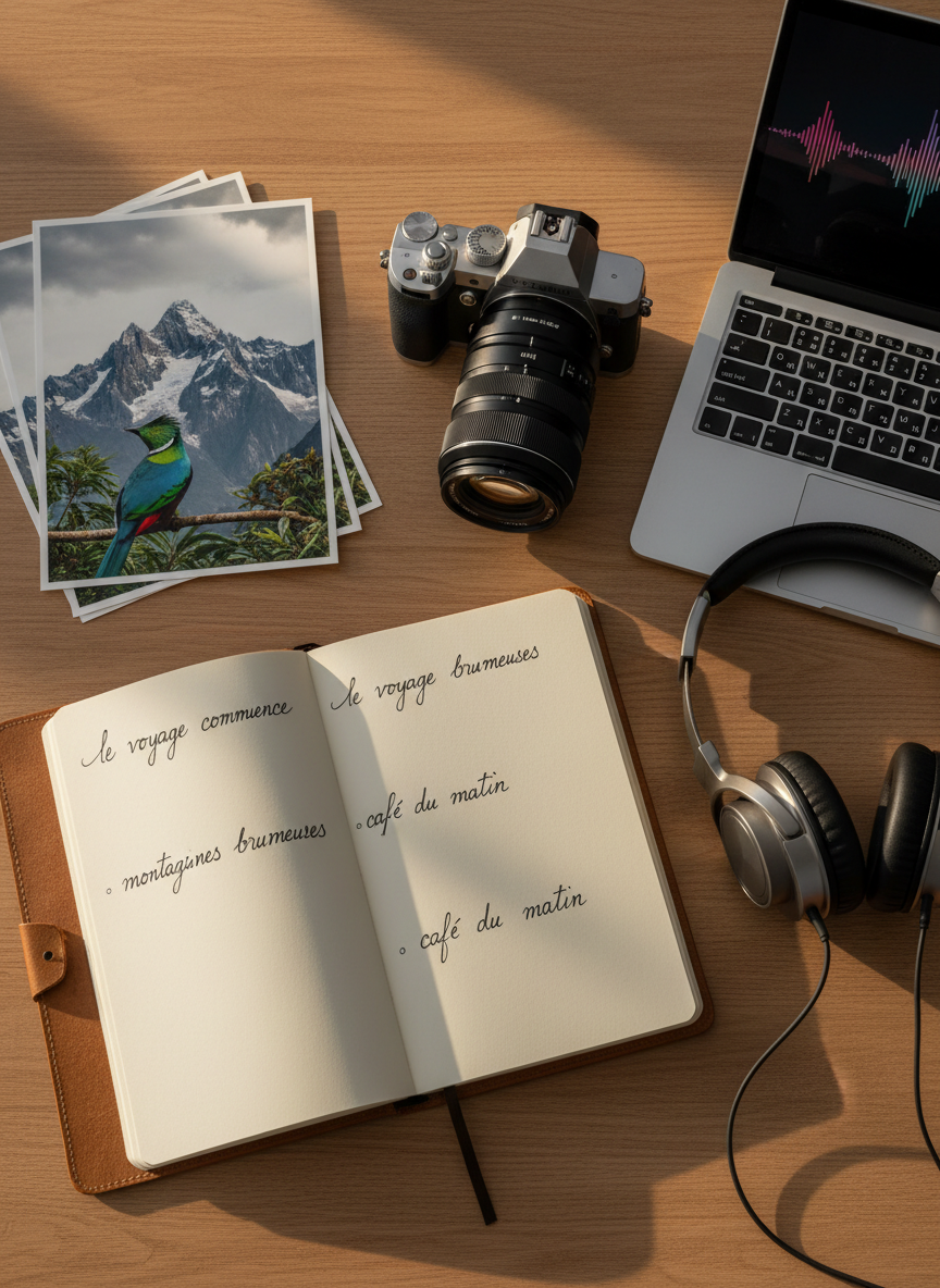 A meticulously composed flat-lay of a travel writer’s wooden desk, featuring a weathered open notebook filled with flowing handwritten French phrases, a high-quality mirrorless camera with a telephoto lens, and a pair of sleek studio headphones resting beside a minimalist laptop displaying audio waveforms. On one side, a stack of fine-art photo prints shows Costa Rican wildlife and Andean peaks. Soft late-afternoon window light falls diagonally across the scene, creating gentle shadows and subtle highlights on the textured paper and brushed metal surfaces. Shot from a bird’s eye view with sharp focus throughout, the mood is sophisticated, contemplative, and creative, evoking a life where photography, chill music, and nomadic writing meet in elegant photographic realism.